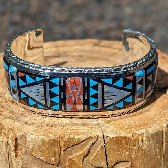 Native American Handmade Cuff‎ Bracelet Zuni Inlay Sterling Silver sz7US *** - Picture 2 of 11